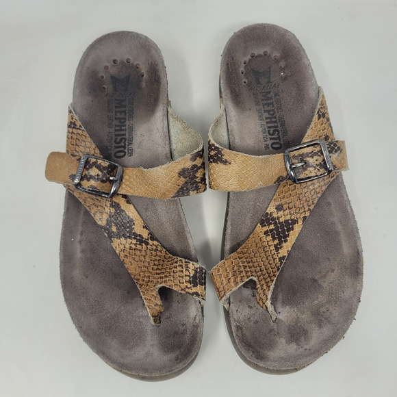 Mephisto Sandals EU37 US7 Helen Tan Snakeskin Print Leather Comfort Slides Thong - Picture 5 of 11